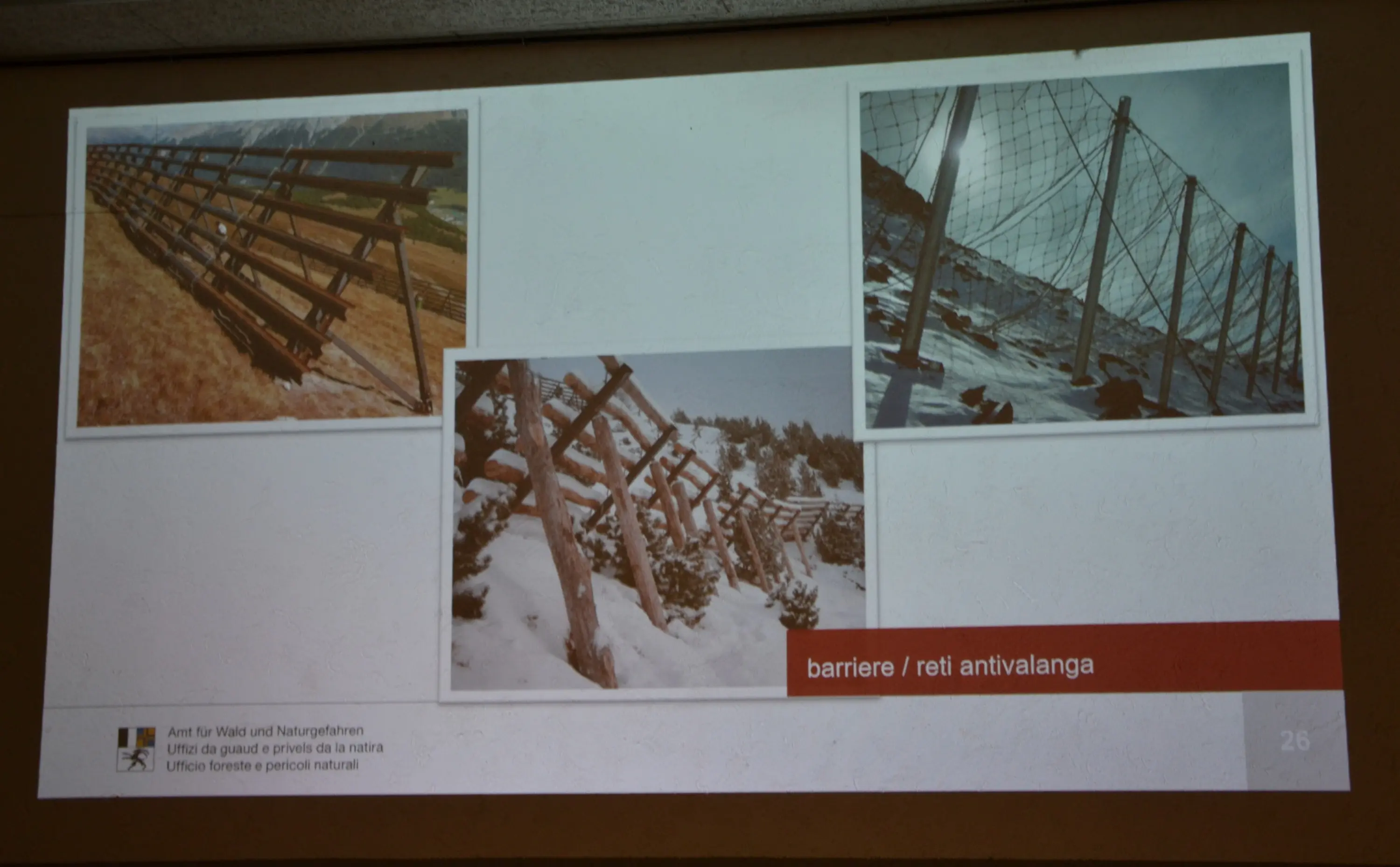 Diversi esempi di barriere e reti antivalanga in contesti montani. Si notano strutture in legno e reti metalliche progettate per prevenire frane di neve.