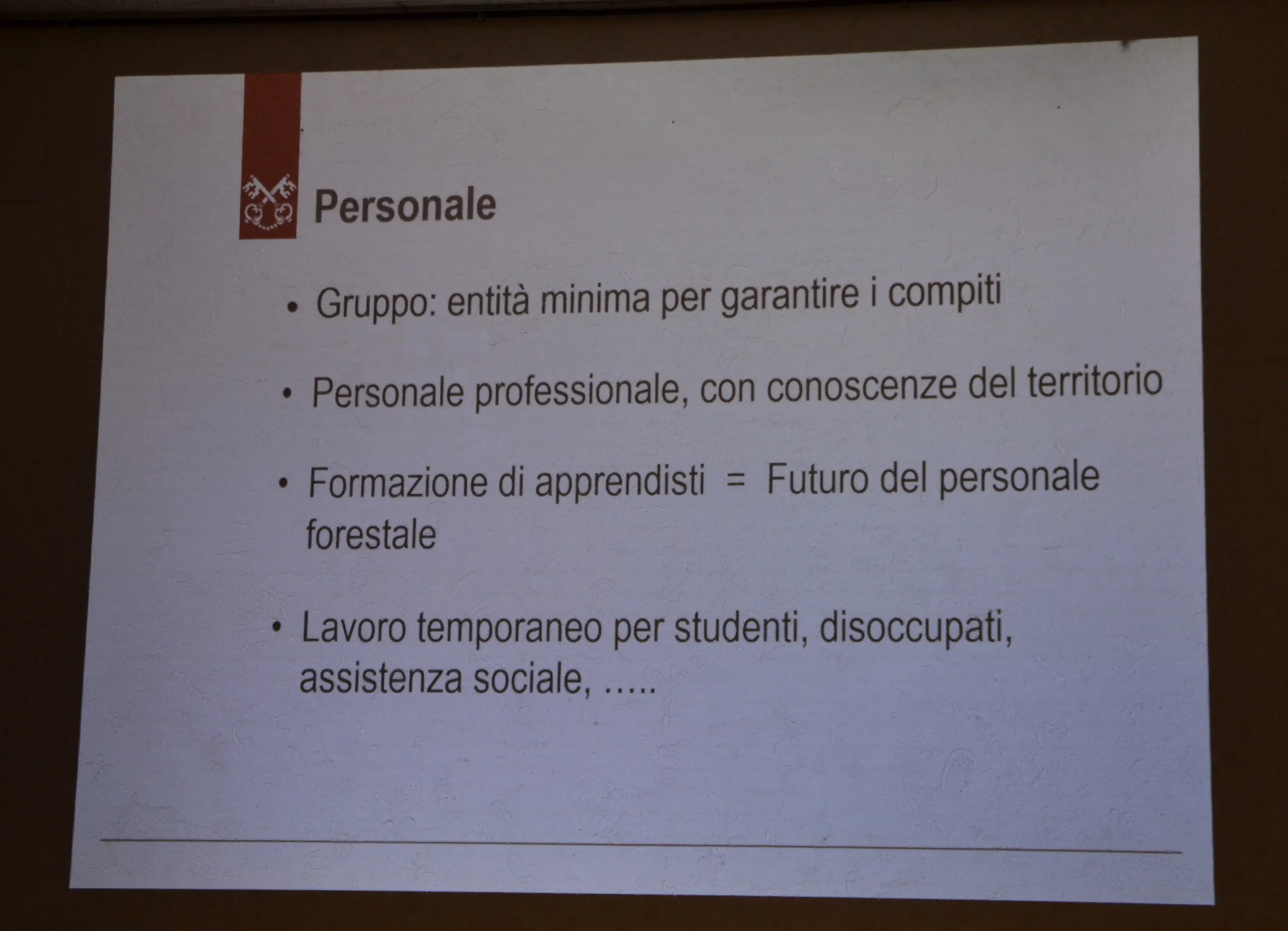 Diapositive che presenta informazioni relative al personale, evidenziando il gruppo come entità minima per garantire compiti, la professionalità con conoscenze territoriali, la formazione per apprendisti e il lavoro temporaneo per studenti e disoccupati.
