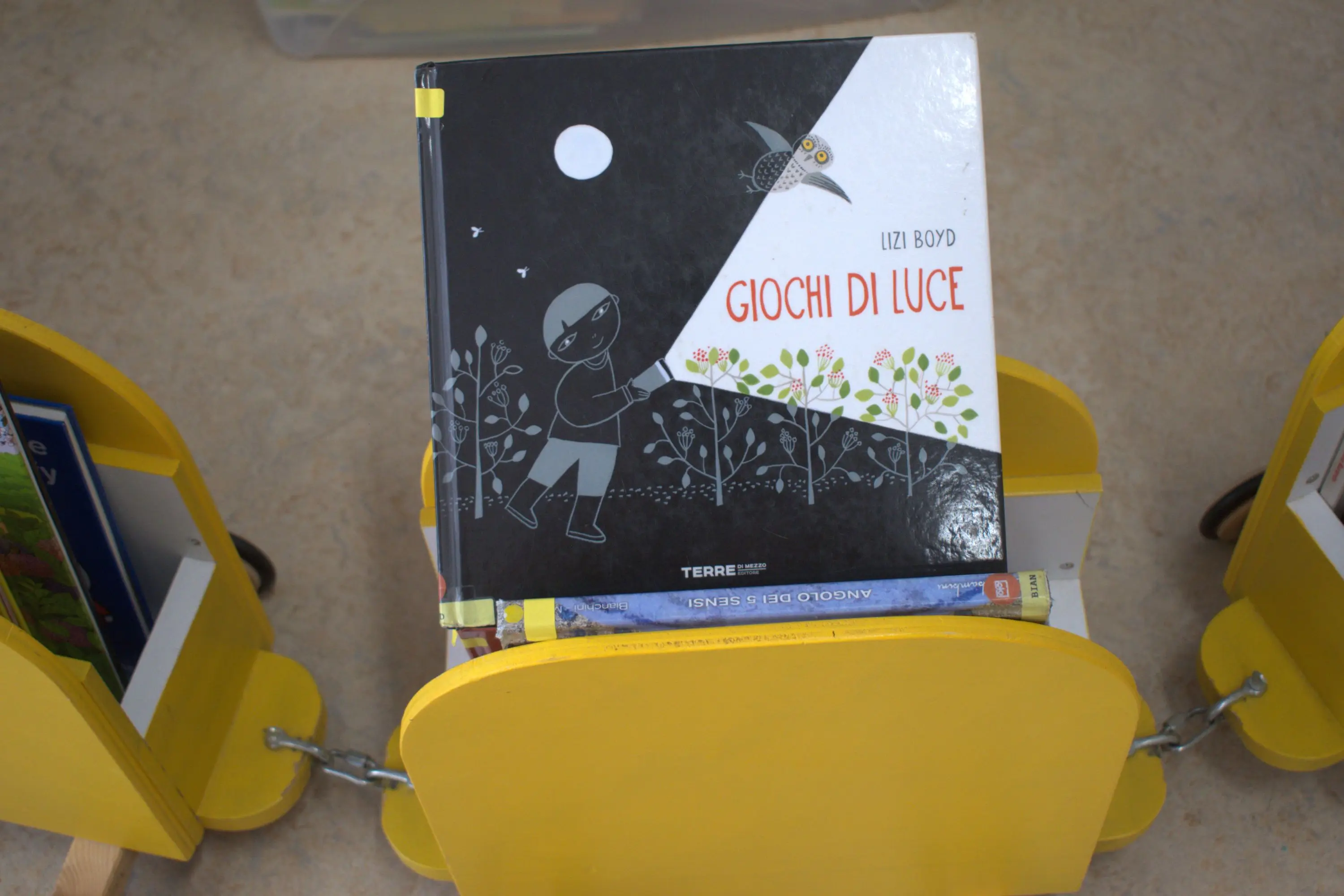 Un libro intitolato "Giochi di Luce" di Lizi Boyd è in cima a una pila di libri gialli. Il libro presenta un'illustrazione di un bambino che cammina tra le piante sotto un cielo notturno.