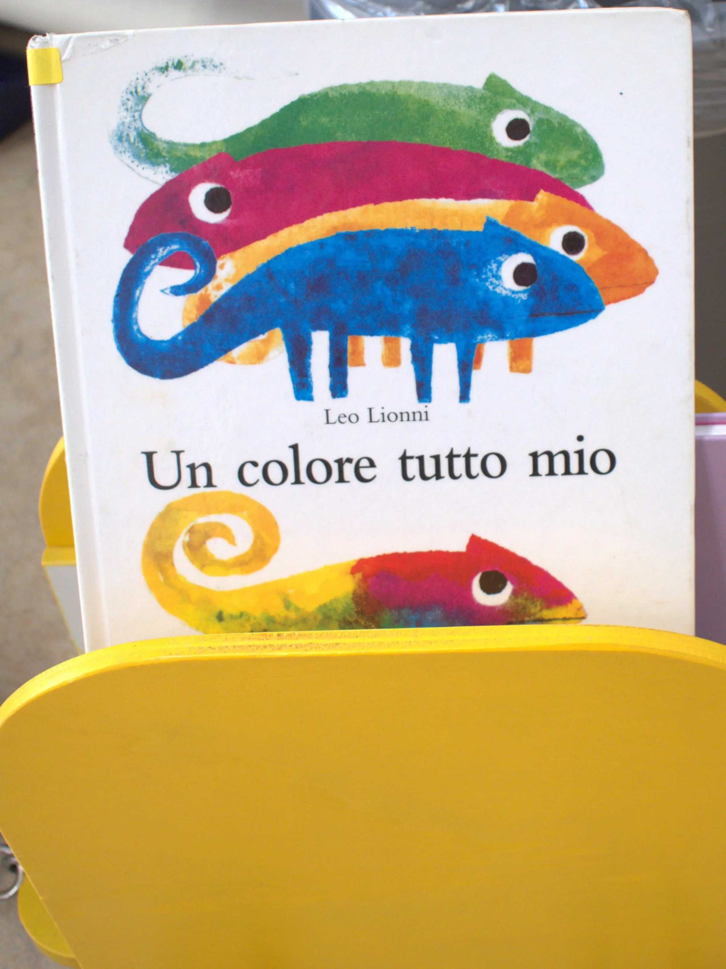 Un libro intitolato "Un colore tutto mio" di Leo Lionni, con una copertina che mostra camaleonti colorati. Il libro è posizionato in un portabiblioteca giallo.