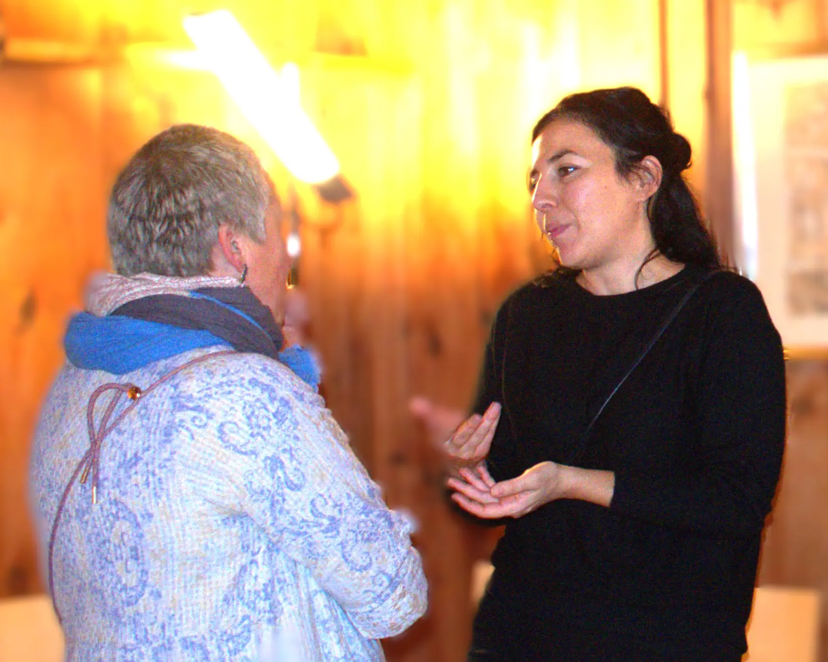 Due donne conversano animatamente in un ambiente illuminato da una luce calda. Una donna indossa un maglione nero e l'altra una giacca ornata con dettagli blu. Entrambe sembrano coinvolte nella conversazione.