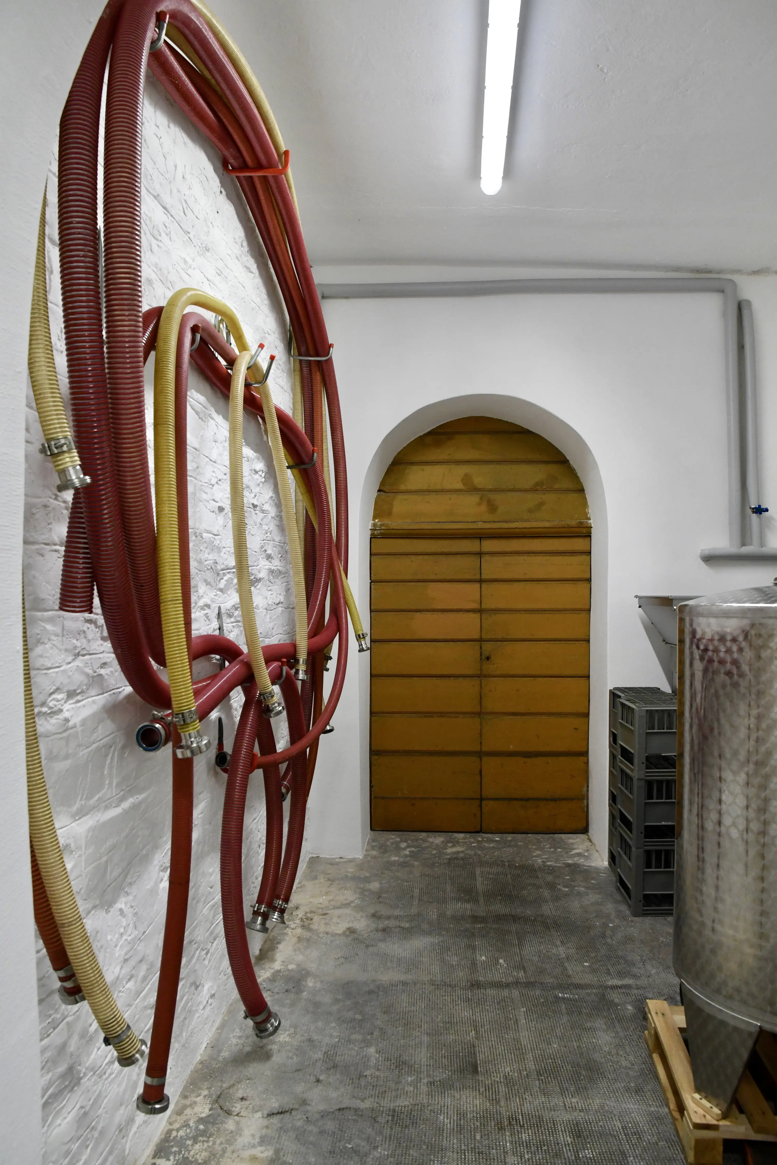 Tubi di gomma rossi e gialli appesi a una parete bianca, con una porta di legno chiara visibile in un'arcata alla fine del corridoio. Il pavimento è in piastrelle scure e ci sono scatole di plast