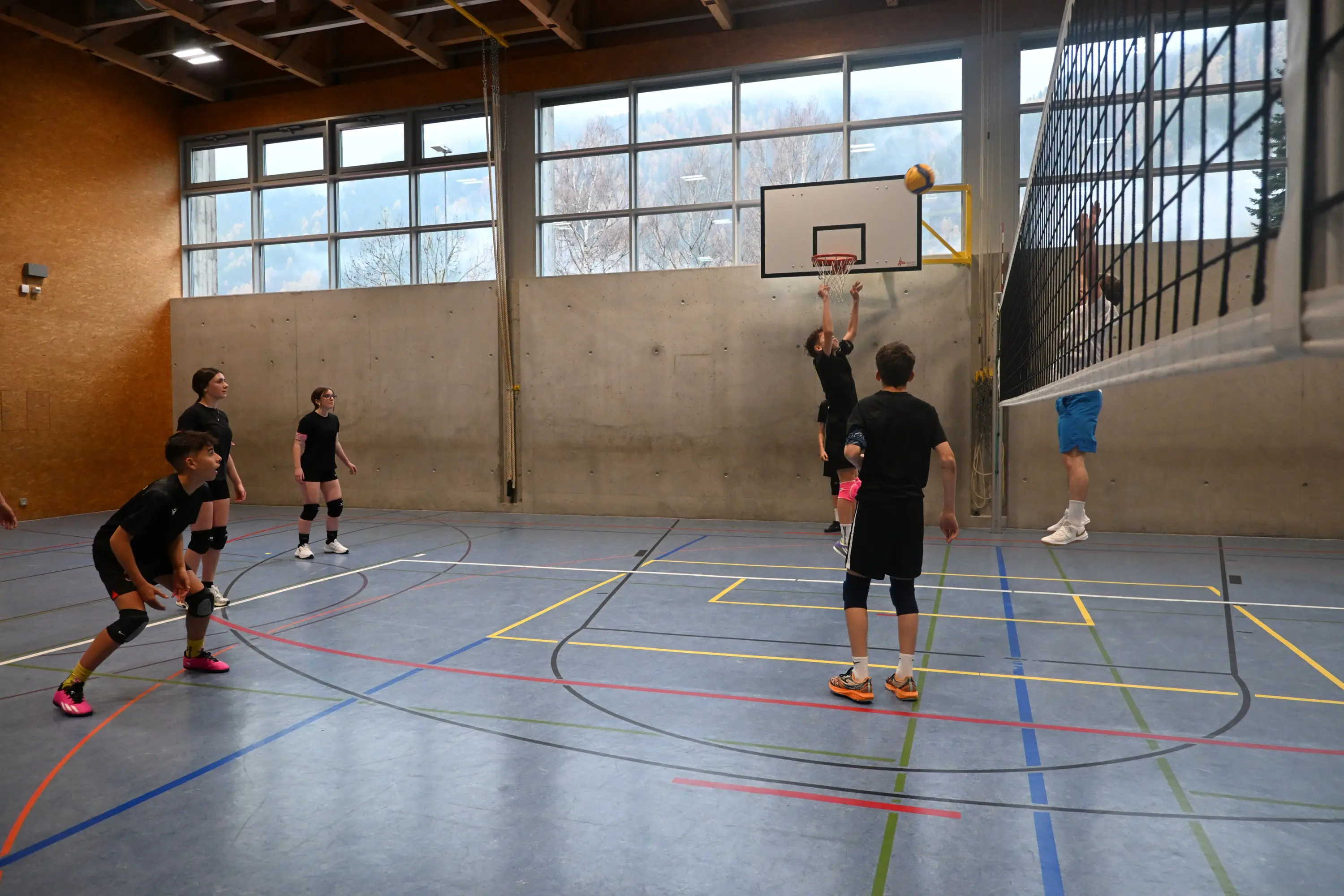 Giocatori di pallavolo in una palestra, alcuni in fase di ricezione e altri pronti a colpire la palla mentre vola sopra la rete. Il campo è segnato con linee colorate.