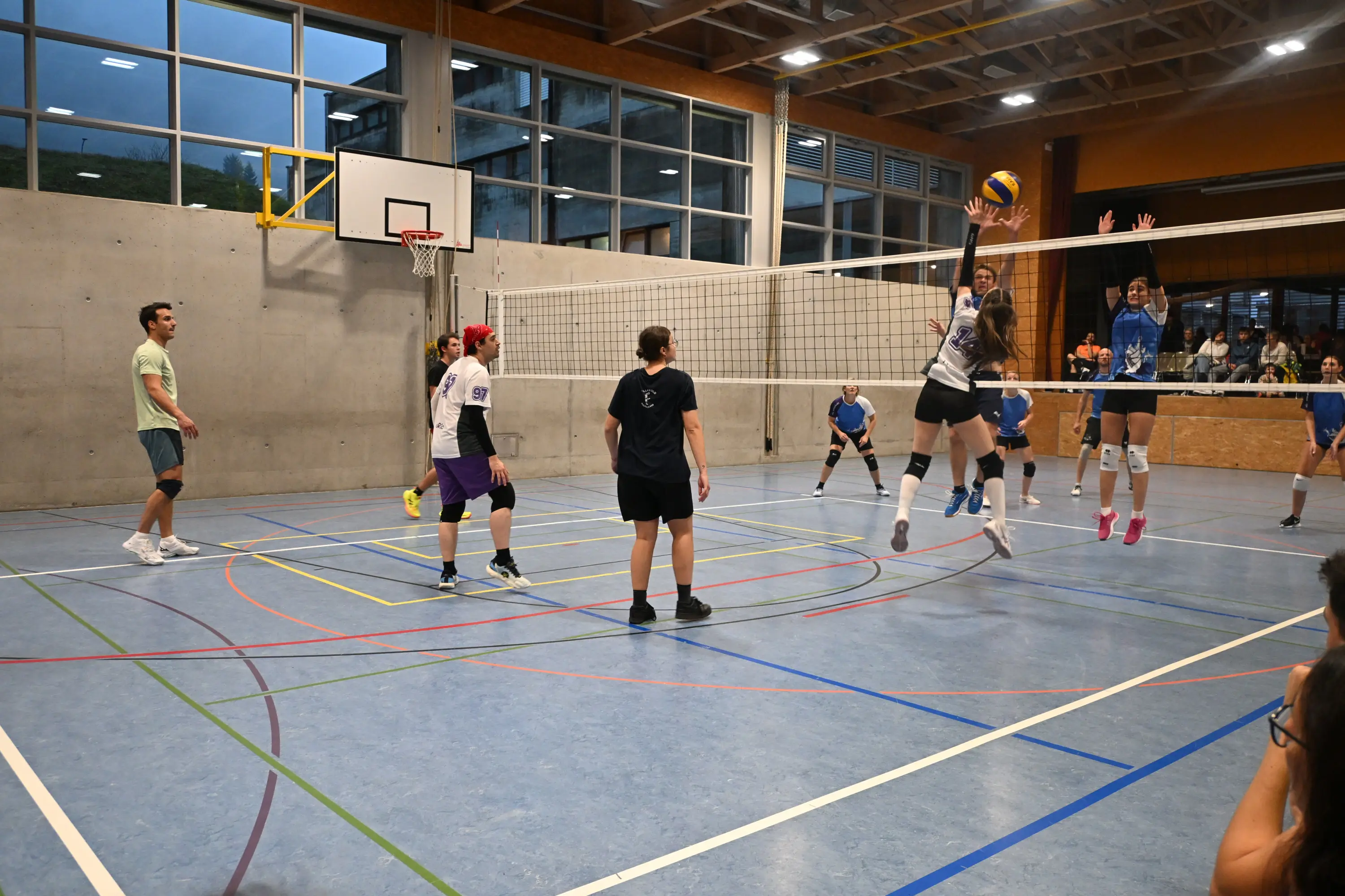 Giocatori di pallavolo in un campo indoor mentre uno di loro salta per colpire la palla sopra la rete. Gli altri giocatori sono in posizioni pronte per ricevere. Il campo è circondato da finestre con luce naturale.