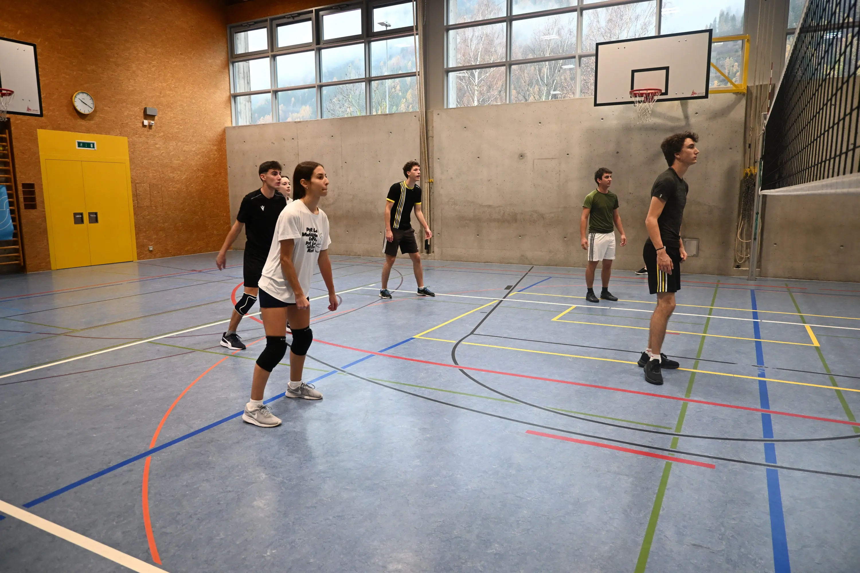 Un gruppo di sei giovani giocatori di pallavolo si prepara in un campo. Sono in posizione di attesa, con una rete da pallavolo visibile sullo sfondo. L'ambiente è interno, con pareti di legno e un pavimento blu.
