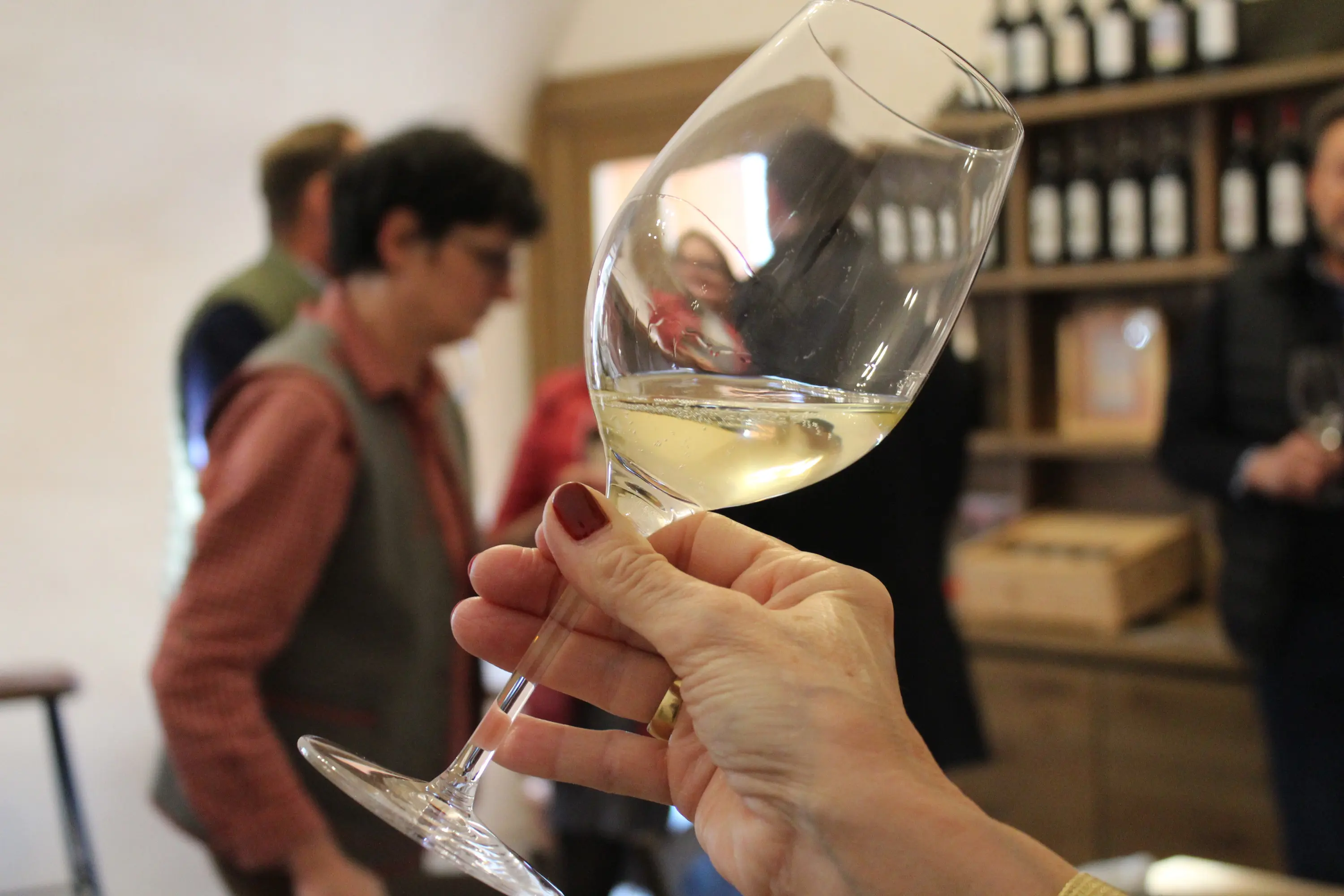 Un bicchiere di vino bianco è tenuto in primo piano, mentre sullo sfondo si vedono persone che discutono in una cantina.