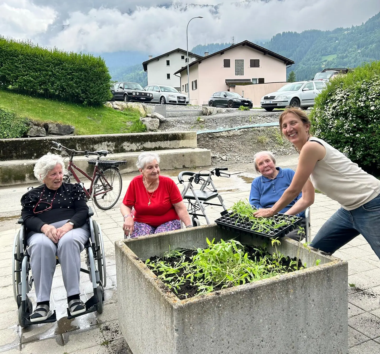Quattro persone, di cui tre sedute in sedia a rotelle, si godono un'attività di giardinaggio. Una donna sta piantando delle piantine in un grande vaso di cemento. Sullo sfondo si vedono alcune auto e case, e il cielo è