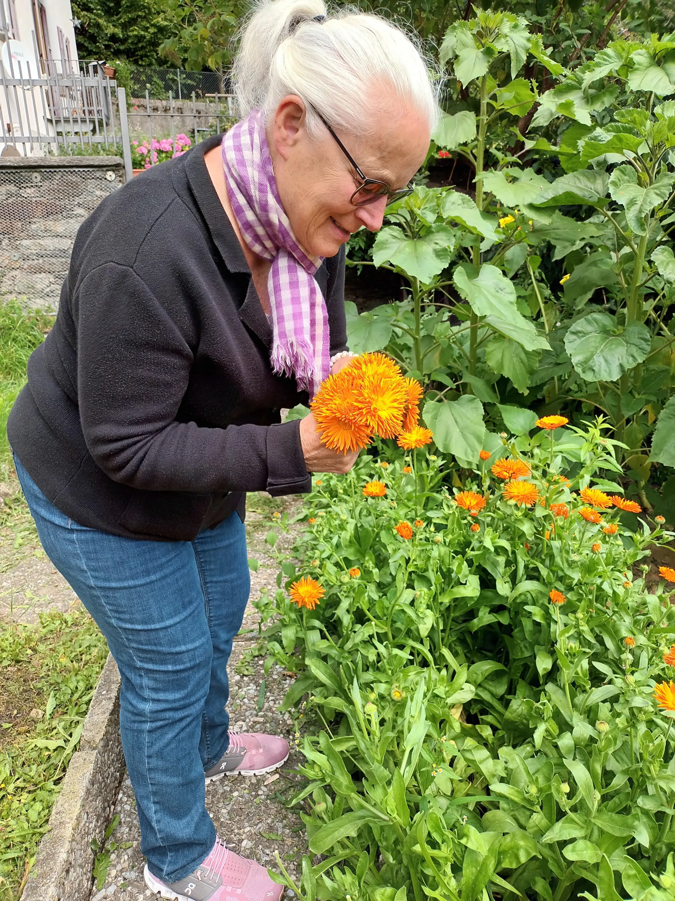 Una donna anziana con capelli bianchi e occhiali sorride mentre tiene dei fiori arancioni tra le mani, circondata da una fioritura verde rigogliosa. Indossa un maglione scuro e una sciarpa a righe.