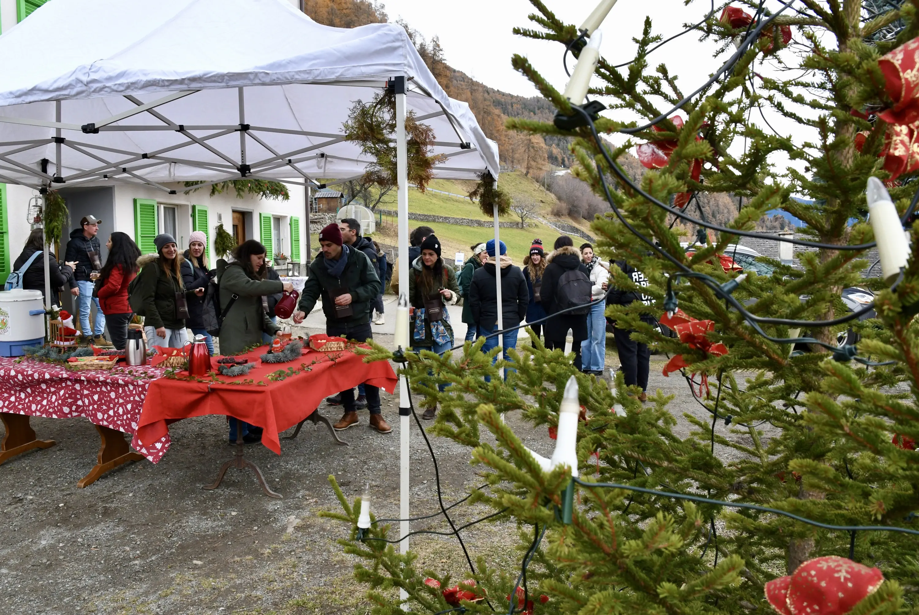 Mercatino di Natale all'aperto, con una tenda bianca. Persone in fila per acquistare prodotti natalizi, mentre un albero decorato è in primo piano. Atmosfera fest