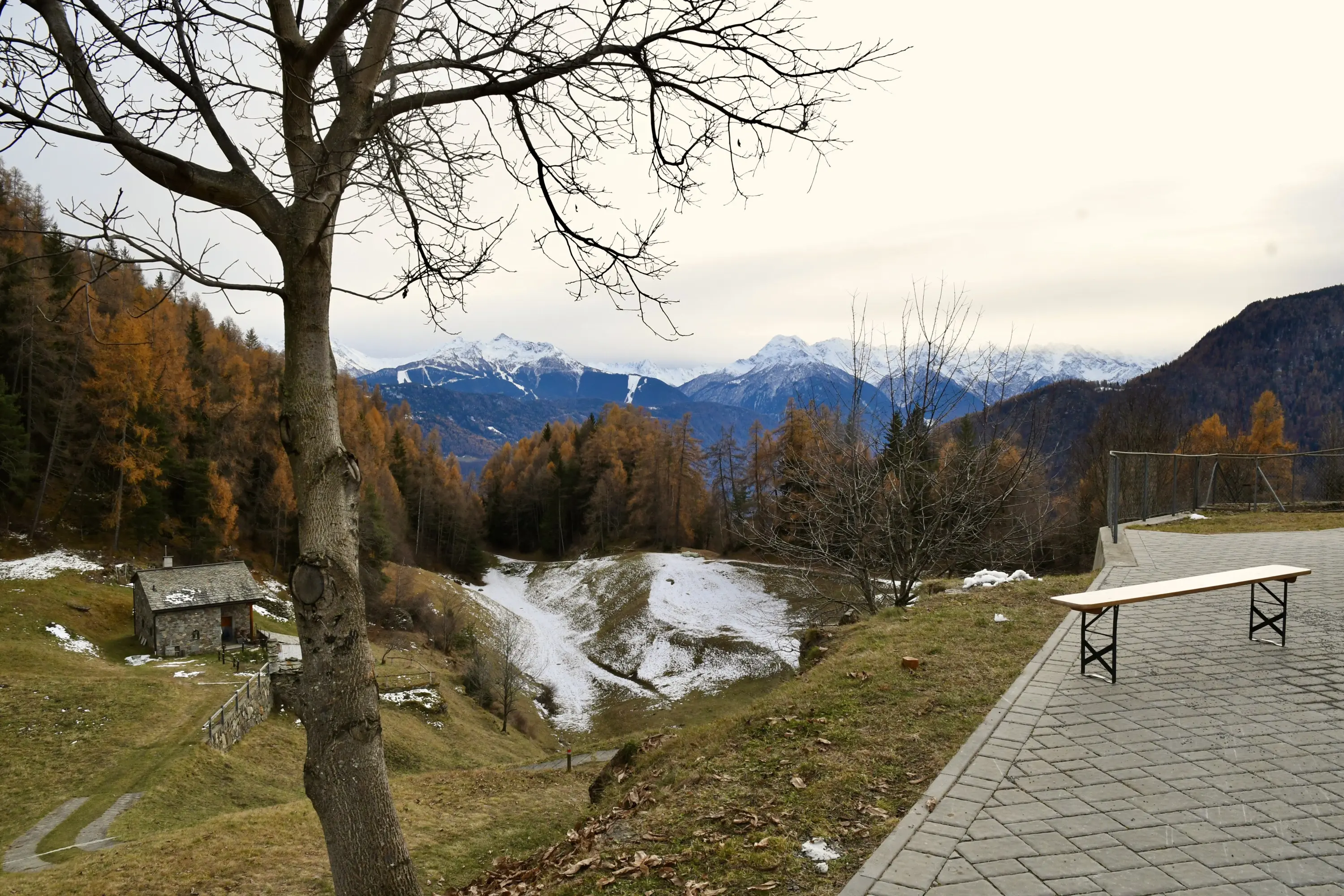 Un paesaggio montano con alberi spogli e piccole cime innevate. In primo piano, un tavolo su una superficie pavimentata, mentre in lontananza si ved
