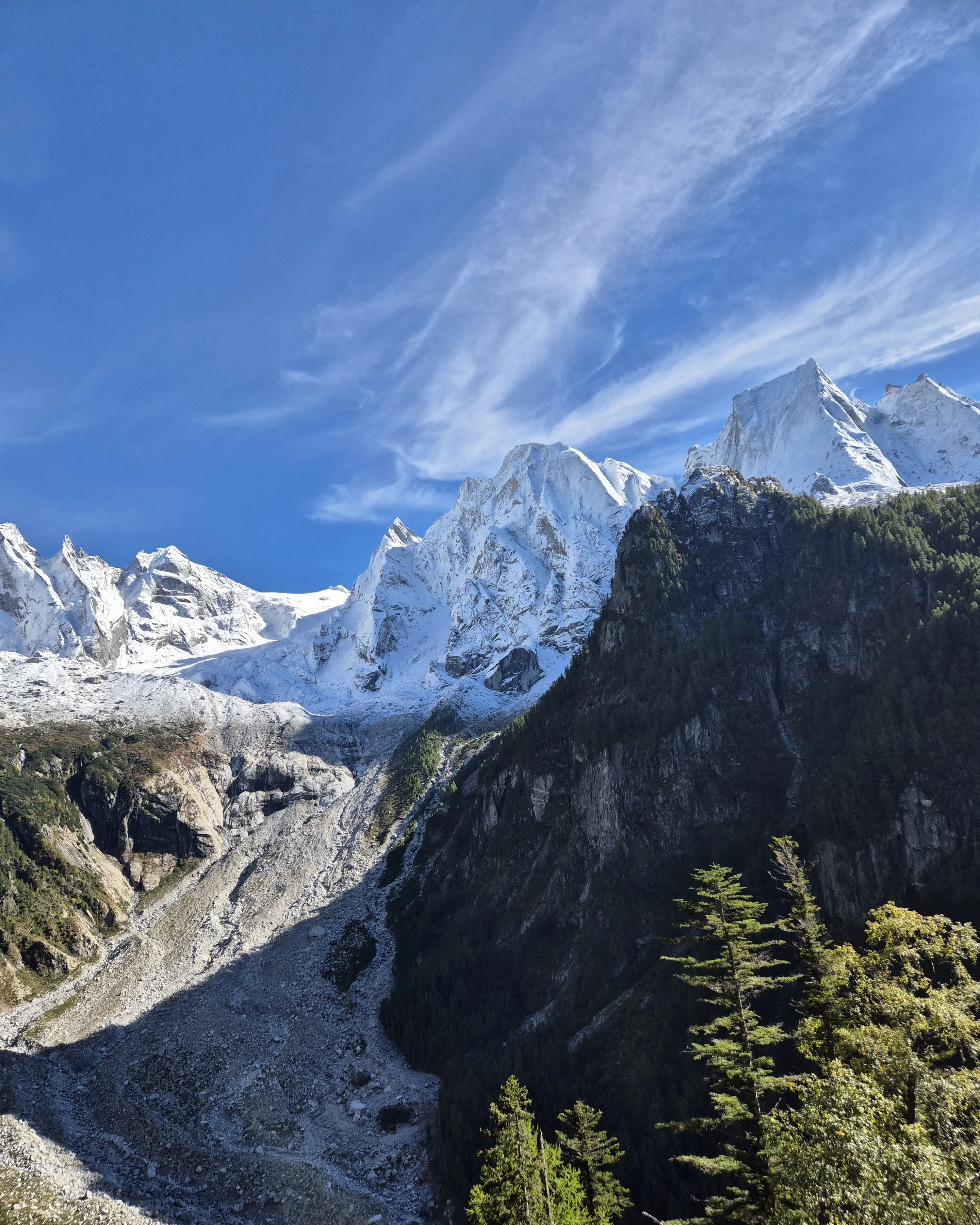 Imponente paesaggio montano con cime innevate sotto un cielo azzurro, con un ghiacciaio che scende verso la valle e alberi verdeggianti in primo piano.