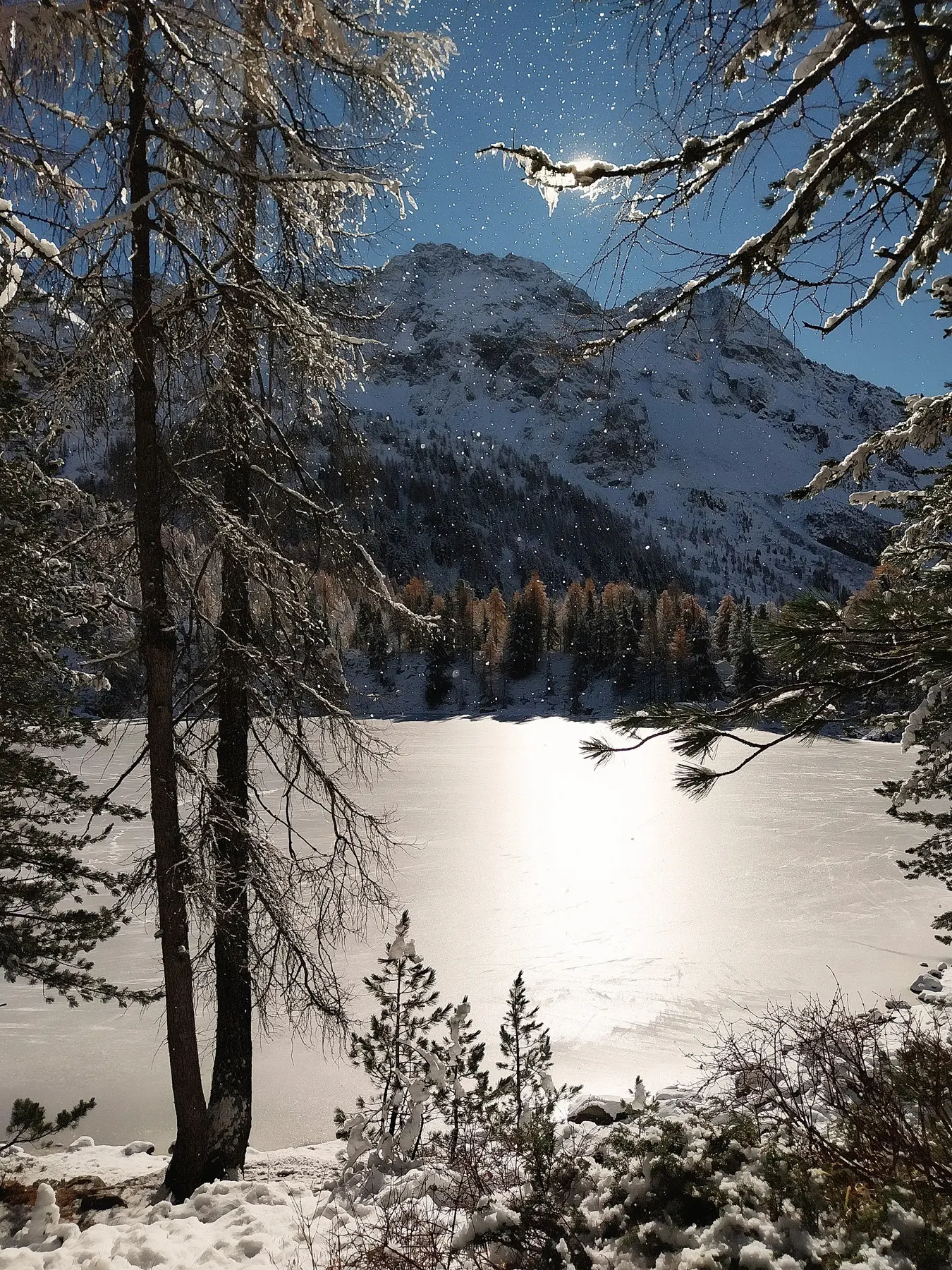 Scena invernale con un lago gelato, circondato da alberi. Sullo sfondo, una montagna maestosa illuminata dal sole e spruzzi di neve volteggiano nell'aria.