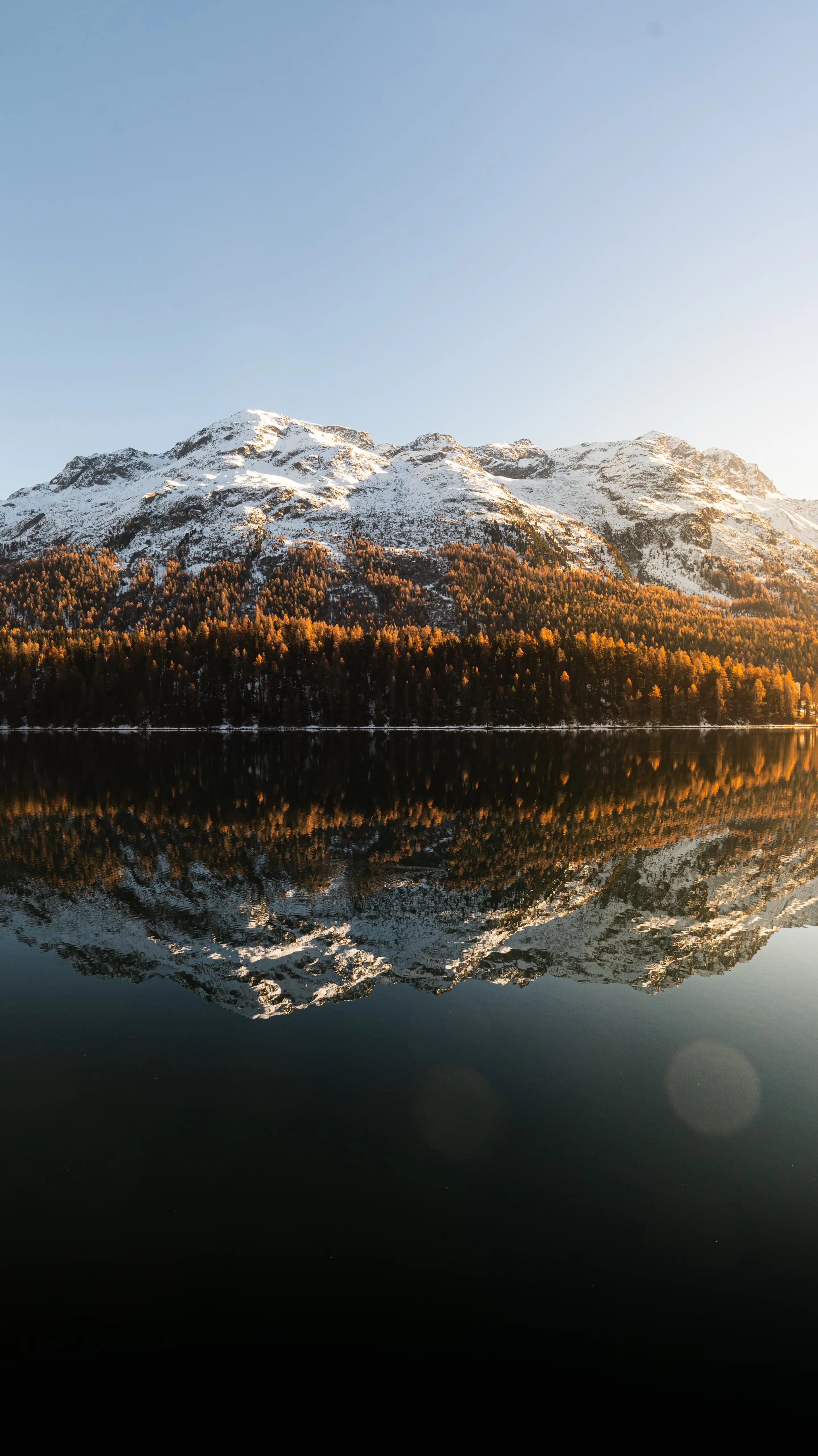 Montagne innevate si riflettono in un lago calmo, circondate da alberi dorati in autunno. Il cielo è sereno e blu.